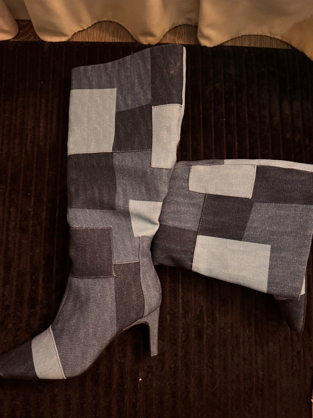 patchwork denim knee high stiletto heeled boots